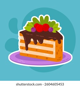 A mouthwatering slice of chocolate-drizzled cake topped with fresh berries. A fun and aesthetic cartoon-style illustration, great for bakery branding, stickers, and digital assets