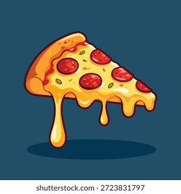 A mouthwatering slice of pepperoni pizza with melted cheese dripping down, isolated on a dark blue background.