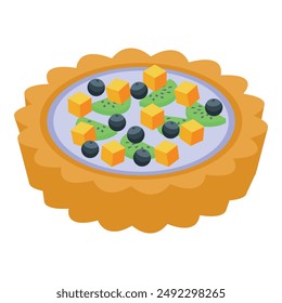 Mouthwatering tart filled with purple cream and topped with fresh mango, kiwi, and blueberries