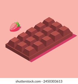 A mouthwatering vector illustration of a chocolate bar and a fresh strawberry on a pink background.