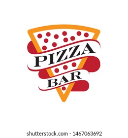 A mouth-watering vector logo featuring a stylized slice of pepperoni pizza wrapped in an elegant PIZZA BAR banner. The design uses a classic warm color palette of orange, deep red, and white, symbolizing authentic Italian flavor and a cozy dining atmosphere. This professional emblem is perfect for pizzerias, Italian restaurants, food trucks, bistro bars, delivery services, and culinary branding looking for a timeless and appetizing visual identity.