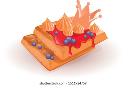 mouth-watering waffles on a white plate decorated with berries, meringues, jam and a crown