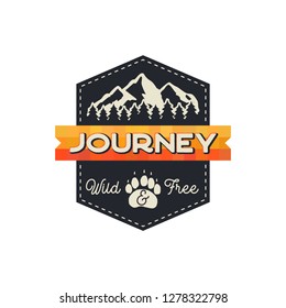 Moutnain Journey Badge. Wild and Free Logo. Camping adventure emblem in retro style. Featuring mountains and forest. Stock vector hiking label isolated on white background.