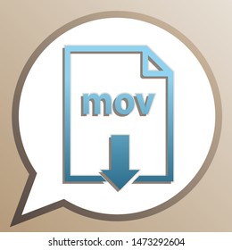 Mov download sign. Bright cerulean icon in white speech balloon at pale taupe background. Illustration.