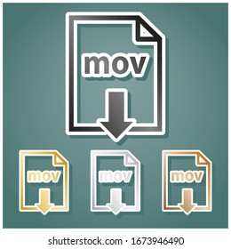 Mov download sign. Set of metallic Icons with gray, gold, silver and bronze gradient with white contour and shadow at viridan background. Illustration.