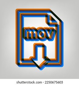 Mov download sign. Stroked Icon in orange, azure and old lavender Colors at gray Background. Illustration.