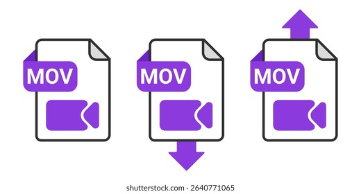 MOV File Download and Upload Icon Set with Purple Arrow Symbol on Transparent Background for Video Transfer, Data Sharing and Movie File Exchange Vector Illustration