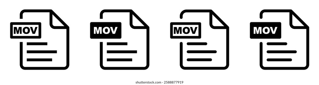 MOV file format icons set.MOV file download symbols.File format for texts, images, vector images, videos, interactive forms.
