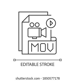 MOV file pixel perfect linear icon. MPEG-4 multimedia container file format. Audio, timecode. Thin line customizable illustration. Contour symbol. Vector isolated outline drawing. Editable stroke