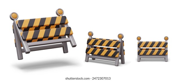 Movable barricade in different positions. Set of temporary fence elements