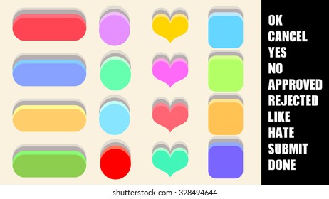 Movable isolated objects. Colorful flat design button icon set in different geometric shape, rounded corner rectangle, circle, heart, square. Approved, rejected, like, hate, submit text label elements