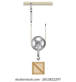 Movable Pulley System with Load Box and Dynamometer Physics Vector Illustration