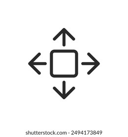 Mover en todas las direcciones, icono de estilo lineal. Cuatro flechas apuntando hacia fuera desde un cuadrado. Ancho de trazo editable