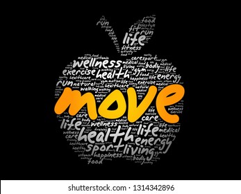 MOVE apple word cloud collage, health concept background 