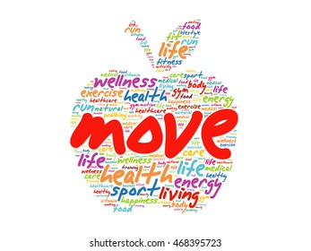 MOVE apple word cloud collage, health concept background