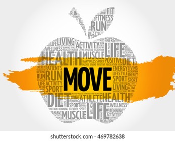 MOVE apple word cloud collage, health concept background
