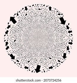 Move arrow burst round cluster. Object pattern is organized from scattered move arrow symbols as exploding round shape. Abstraction spheric cluster mosaic organized from move arrow items.