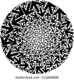 Los iconos de flecha de movimiento se organizan en la colección sphere. Mover mosaico redondeado de icono de flecha. Abstracción de mosaico de clúster de forma redonda organizado con iconos de flecha de movimiento.