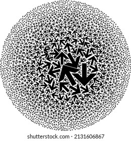 Los elementos de flecha de movimiento se dispersan en una colección esférica. Mover composición de burbujas de iconos de flecha. Abstracción mosaico globular esférico hecho de elementos de flecha de movimiento.