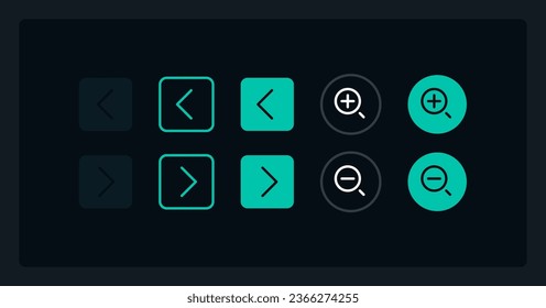 Mover el kit de elementos de interfaz de usuario de botones de flecha y zoom. Componentes vectoriales aislados. Menús planos de navegación y plantilla de botones de interfaz. Colección de widgets de diseño web para aplicaciones móviles con tema oscuro