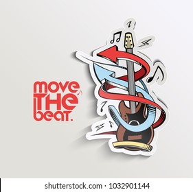 Move the beat with arrow and guitar, stiker vector illustration.