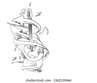 Move the beat with arrow and guitar, stiker design illustration.