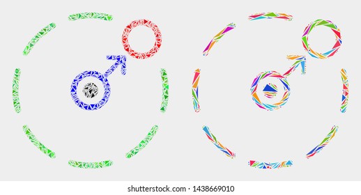 Move to circle perimeter mosaic icon of triangle items which have different sizes and shapes and colors. Geometric abstract vector illustration of move to circle perimeter.