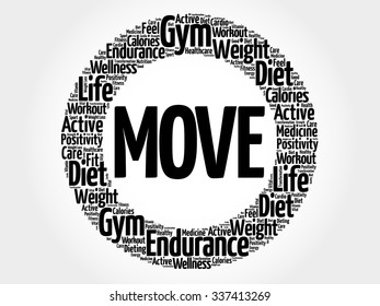 MOVE circle stamp word cloud, fitness, sport, health concept
