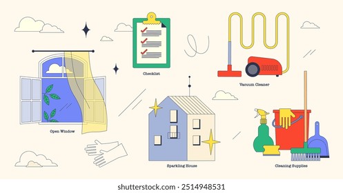 Move in cleaning for new property hygiene tiny neubrutalism collection set. Labeled elements with vacuum cleaner, cleaning supplies, checklist, ventilation and sparkling home vector illustration.