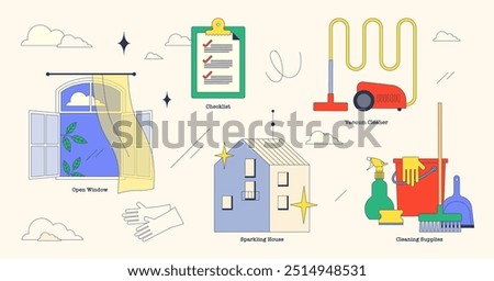 Move in cleaning for new property hygiene tiny neubrutalism collection set. Labeled elements with vacuum cleaner, cleaning supplies, checklist, ventilation and sparkling home vector illustration.