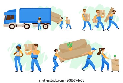 Move company vector illustration set. Movers in blue uniform unloading boxes and furniture from blue truck. Relocation business helps people to move to new home or office.