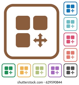 Move component simple icons in color rounded square frames on white background