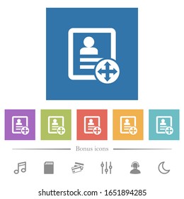 Mover iconos blancos planos de contacto en fondos cuadrados. 6 iconos de bonificación incluidos.