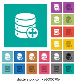 Move database multi colored flat icons on plain square backgrounds. Included white and darker icon variations for hover or active effects.