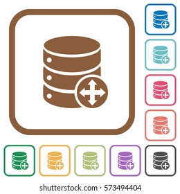 Move database simple icons in color rounded square frames on white background