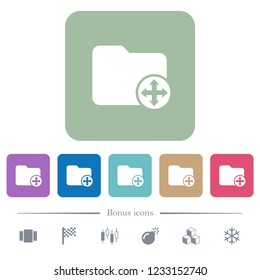 Move directory white flat icons on color rounded square backgrounds. 6 bonus icons included