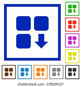 Move down component flat color icons in square frames on white background