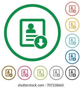 Move down contact flat color icons in round outlines on white background
