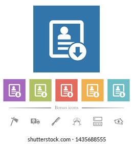 Move down contact flat white icons in square backgrounds. 6 bonus icons included.