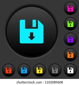 Move down file dark push buttons with vivid color icons on dark grey background