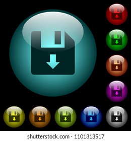 Move down file icons in color illuminated spherical glass buttons on black background. Can be used to black or dark templates