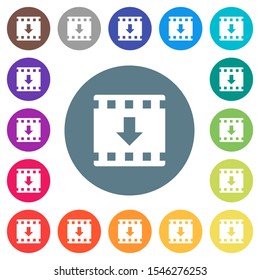 Move down movie flat white icons on round color backgrounds. 17 background color variations are included.