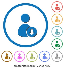 Move down user flat color vector icons with shadows in round outlines on white background