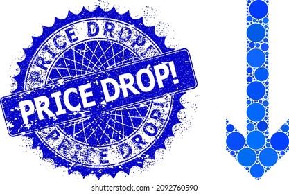 Move down vector composition of circle dots in various sizes and blue color shades, and textured Price Drop seal. Blue round sharp rosette seal contains Price Drop text inside.