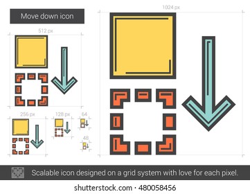 Move down vector line icon isolated on white background. Move down line icon for infographic, website or app. Scalable icon designed on a grid system.