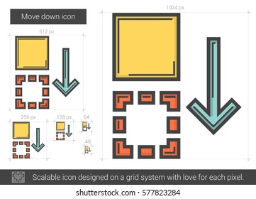 Move down vector line icon isolated on white background. Move down line icon for infographic, website or app. Scalable icon designed on a grid system.