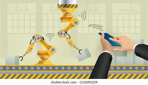 Move to factory and industry in the future. People connecting with a factory using smartphone and exchanging data with a neural network. Smart industry 4.0 infographic. Artificial intelligence.