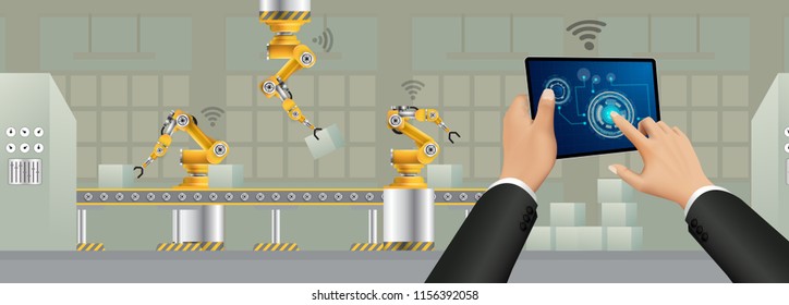 Move to factory and industry in the future. People connecting with a factory using tablet and exchanging data with a neural network. Smart industry 4.0 infographic. Artificial intelligence.