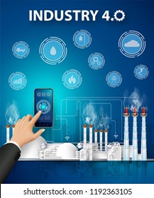 Move to factory and industry in the future. People connecting with a factory using smartphone and exchanging data with a neural network. Smart industry 4.0 infographic. Artificial intelligence.