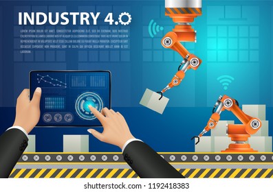 Move to factory and industry in the future. People connecting with a factory using smartphone and exchanging data with a neural network. Smart industry 4.0 infographic. Artificial intelligence.